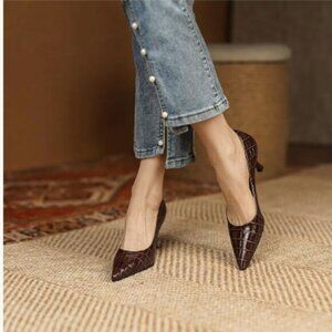 FOWT Brown Solid Croc-Embossed Pointed Toe Pumps Women Dressy Slip on Dance Shoe